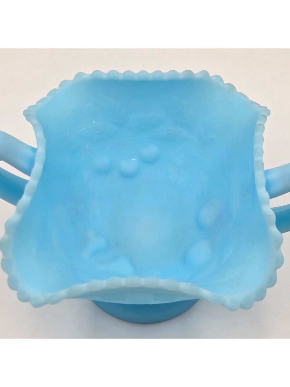 Fenton Three Fruits #8242 Handled Compote Satin Blue Milk Glass - Picture 7 of 9